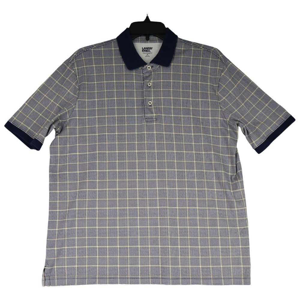 Lands'‎ End Polo Shirt Mens M Plaid Blue Yellow Short Sleeve Golf Casual